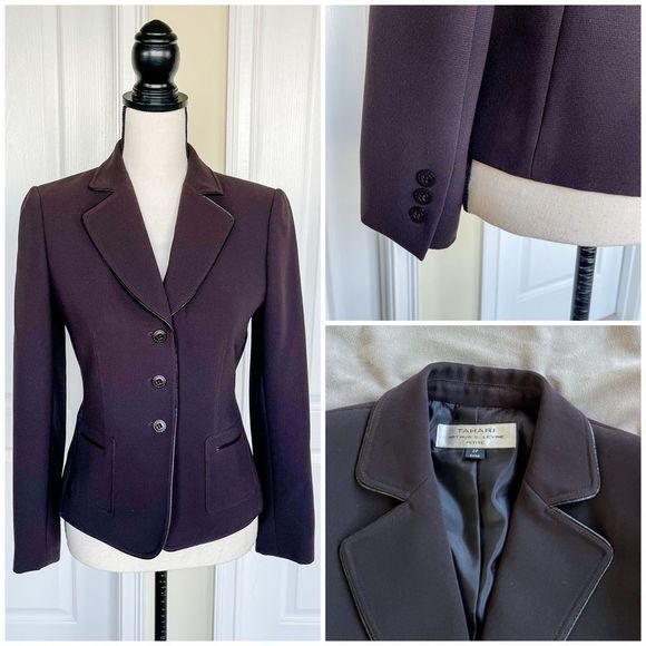 Tahari Jackets & Blazers - Tabari Size 2P Brown Leather Trim Three Button Suit Jacket with Front Pockets